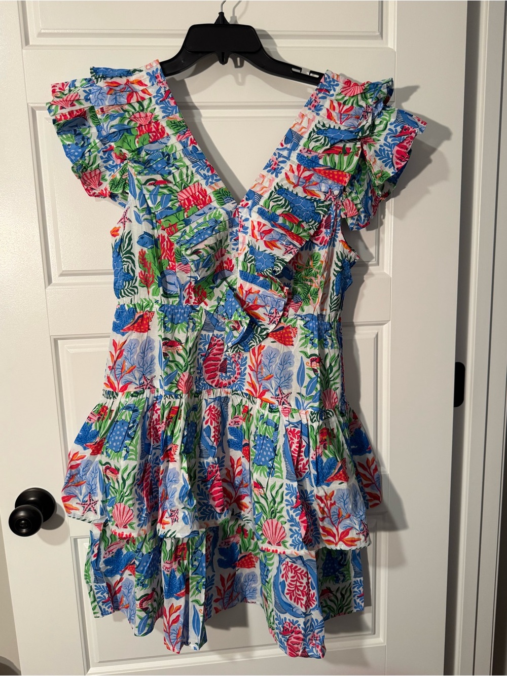 NWT Printfresh Evening Out Ruffle Mini Dress, Nautical Tiles Print, Size Medium